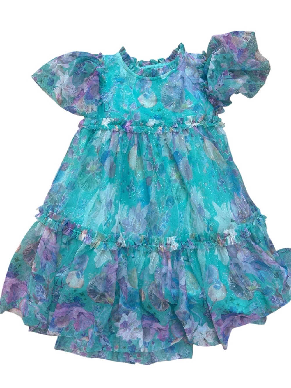 NEXT Turquoise Floral Birds Tiered Mesh Ruffle Party Dress Girls 4-5 Yrs Sparkly